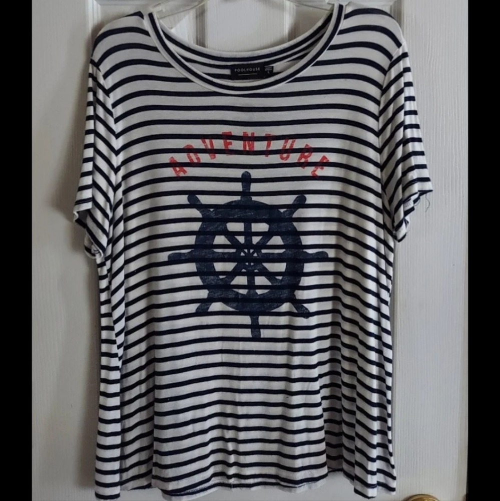 LIKE NEW Poolhouse Brand Nautical Stretch Distressed Short Sleeve Rayon Tee LG
